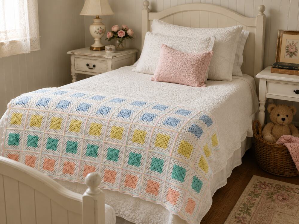 Handmade Pastel Crochet Granny Square Afghan Twin Bedspread 74 x 68